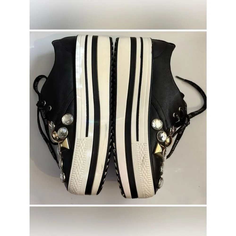 Patrizia Pepe Black Crystal & Gold-Stud Platform Sneakers Size 38